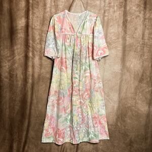 Vintage 60s Pastel Floral Housecoat Dress Multicolor Snap Closure Maxi Retro Mod